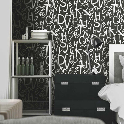 Modern Letters Wallpaper, Rich Textured Wallcovering, Traditional, Kids Room, Large 114 sq ft Roll, Washable, Alphabets Wallpaper, Black - Walloro High End Wallcoverings & More