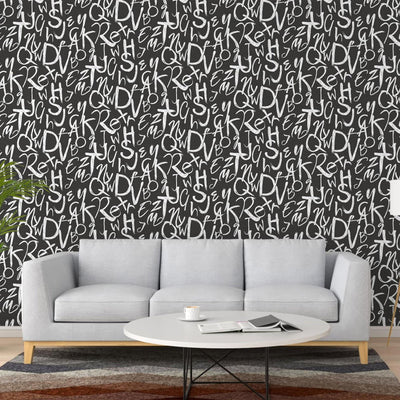 Modern Letters Wallpaper, Rich Textured Wallcovering, Traditional, Kids Room, Large 114 sq ft Roll, Washable, Alphabets Wallpaper, Black - Walloro High End Wallcoverings & More