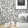 Modern Letters Wallpaper, Rich Textured Wallcovering, Traditional, Kids Room, Large 114 sq ft Roll, Washable, Alphabets, White N Black - Walloro High End Wallcoverings & More