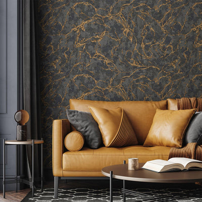 Modern Veined Texture Metallic Wallpaper, Black, Gold Modern 3D Embossed Marble Metallic Accents, Industrial Deign - Walloro High End Wallcoverings & More