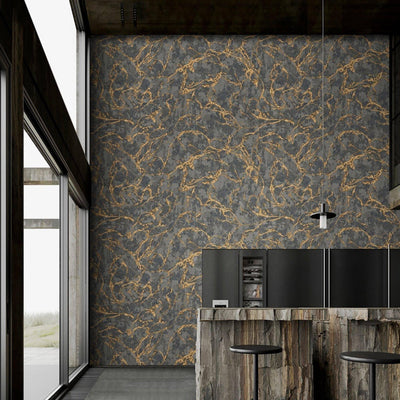 Modern Veined Texture Metallic Wallpaper, Black, Gold Modern 3D Embossed Marble Metallic Accents, Industrial Deign - Walloro High End Wallcoverings & More