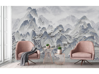 Mountains Scenic Wall Mural, White Landscape Wallpaper, Modern Custom Size Wall Covering, Non-Woven, Non-Pasted, Washable, Removable, Extra Large Wall Covering - Walloro High End Wallcoverings & More