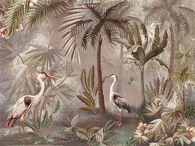 Nature Forest Wallpaper, Birds Palm Tree Wall Mural, Brown Jungle Theme Large Wall Art, Non-Woven, Non-Adhesive, Removable, Exotic Wall Paper - Walloro High End Wallcoverings & More