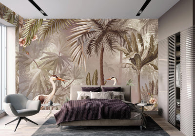 Nature Forest Wallpaper, Birds Palm Tree Wall Mural, Brown Jungle Theme Large Wall Art, Non-Woven, Non-Adhesive, Removable, Exotic Wall Paper - Walloro High End Wallcoverings & More