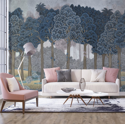 Nature Scene Trees Wall Mural, Blue Forest Wallpaper, Large Landscape Custom Size Wall Covering, Non-Woven, Non-Pasted, Removable, Washable, Art - Walloro High End Wallcoverings & More