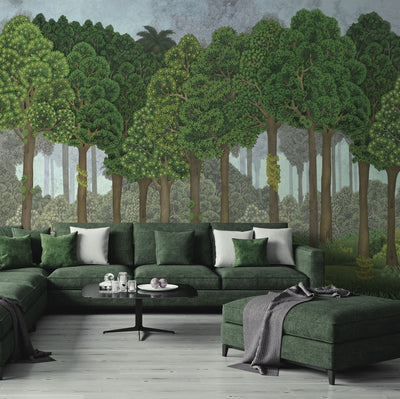 Nature Scene Trees Wall Mural, Green Forest Wallpaper, Large Landscape Custom Size Wall Covering, Non-Woven, Non-Pasted, Removable, Washable, Art - Walloro High End Wallcoverings & More