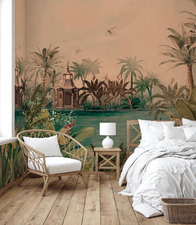 Nature Theme Wall Mural, Palm Trees Lake Scenic Wall Mural, Brown Jungle Scene Large Wall Art, Non-Woven, Non-Adhesive, Removable, Exotic Wall Paper, Washable - Walloro High End Wallcoverings & More