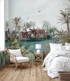 Nature Theme Wall Mural, Palm Trees Lake Scenic Wall Mural, Light Green Jungle Scene Large Wall Art, Non-Woven, Non-Adhesive, Removable, Exotic Wall Paper, Washable - Walloro High End Wallcoverings & More