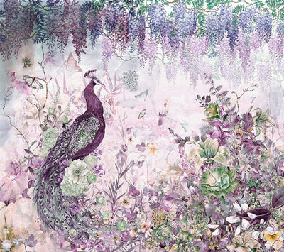 Peacock Forest Wall Mural, Purple Scenic Non-Woven Nature Theme Large Wall Poster, Non-Adhesive Modern Jungle Wall Art - Walloro High End Wallcoverings & More