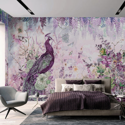 Peacock Forest Wall Mural, Purple Scenic Non-Woven Nature Theme Large Wall Poster, Non-Adhesive Modern Jungle Wall Art - Walloro High End Wallcoverings & More