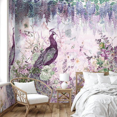 Peacock Forest Wall Mural, Purple Scenic Non-Woven Nature Theme Large Wall Poster, Non-Adhesive Modern Jungle Wall Art - Walloro High End Wallcoverings & More