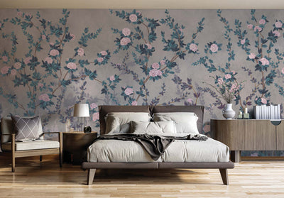 Peony Chinoiserie Blossom Wall Mural, Blue Floral Bloom Wallpaper, Oversized Contemporary Custom Size Wall Art, Non-Woven, Non-Pasted, Removable - Walloro High End Wallcoverings & More