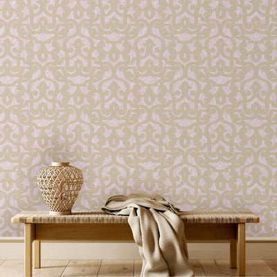 Pink Lace Trellis Wallpaper, Shiny Silver Gold Patterns Faded Colors Damask Design - Walloro High End Wallcoverings & More