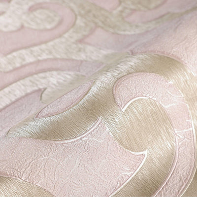 Pink Lace Trellis Wallpaper, Shiny Silver Gold Patterns Faded Colors Damask Design - Walloro High End Wallcoverings & More