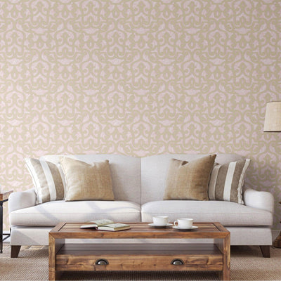 Pink Lace Trellis Wallpaper, Shiny Silver Gold Patterns Faded Colors Damask Design - Walloro High End Wallcoverings & More