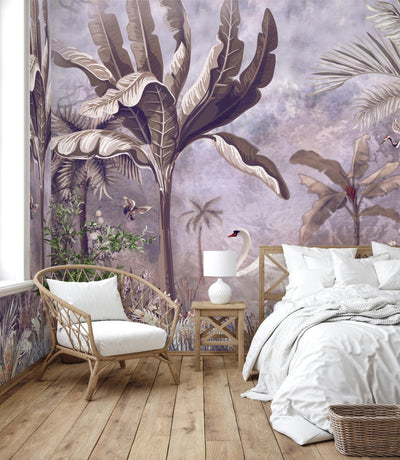 Purple Modern Luxury Tropical Wallpaper, Swan, Non-Woven Custom Wall Mural, Non-Adhesive, Washable, Decorative, Removable, Home Decor Wall Art - Walloro High End Wallcoverings & More