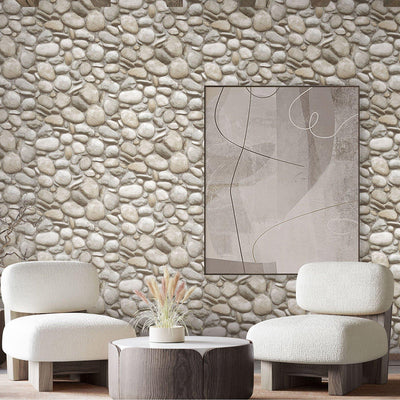 Realistic Embossed Oval Stone Wallpaper, Beige, Gray Farmhouse, Lodge Home Interior Design Wallcovering - Walloro High End Wallcoverings & More