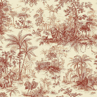 Red Tropical Toile Textured Wallpaper, Stylish Plants Animals Jungle Forest Theme Wallcovering - Walloro High End Wallcoverings & More