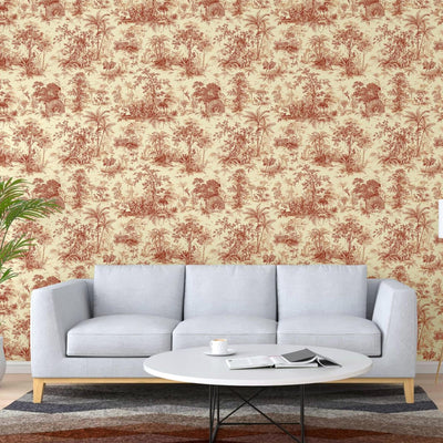 Red Tropical Toile Textured Wallpaper, Stylish Plants Animals Jungle Forest Theme Wallcovering - Walloro High End Wallcoverings & More