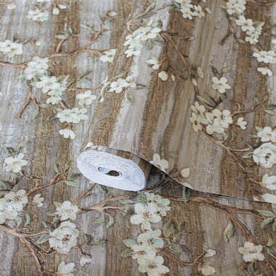 Stylish Floral Wallpaper, Brown, White Embossed Flocked Botanical Blossom Pattern, Bloom Design, Trendy Wall Accent Decoration - Walloro High End Wallcoverings & More