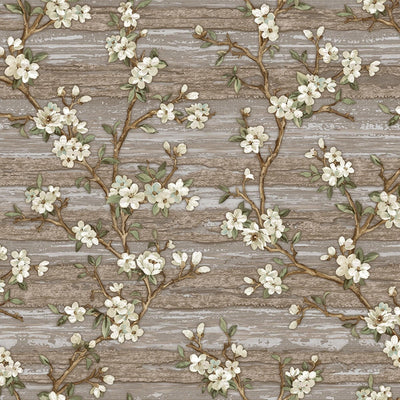 Stylish Floral Wallpaper, Brown, White Embossed Flocked Botanical Blossom Pattern, Bloom Design, Trendy Wall Accent Decoration - Walloro High End Wallcoverings & More