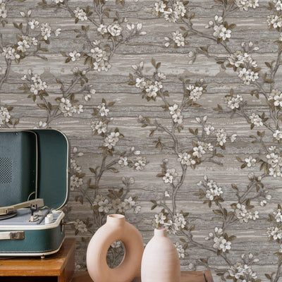 Stylish Floral Wallpaper, Gray, Brown Embossed Flocked Botanical Blossom Pattern, Bloom Design, Trendy Wall Accent Decoration - Walloro High End Wallcoverings & More