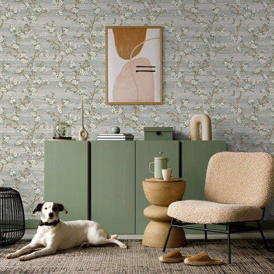 Stylish Floral Wallpaper, Green, White Embossed Flocked Botanical Blossom Pattern, Bloom Design, Trendy Wall Accent Decoration - Walloro High End Wallcoverings & More