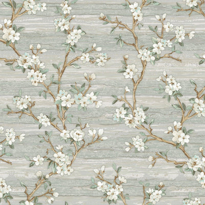 Stylish Floral Wallpaper, Green, White Embossed Flocked Botanical Blossom Pattern, Bloom Design, Trendy Wall Accent Decoration - Walloro High End Wallcoverings & More