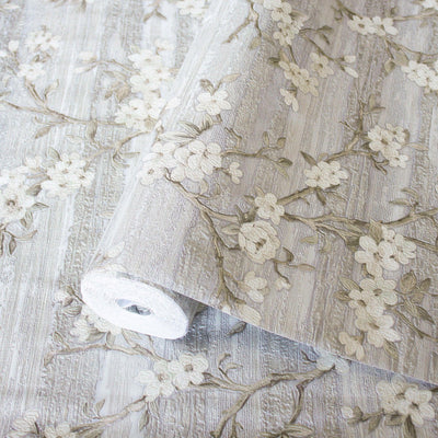 Stylish Floral Wallpaper, White, Silver Embossed Flocked Botanical Blossom Pattern, Bloom Design, Trendy Wall Accent Decoration - Walloro High End Wallcoverings & More