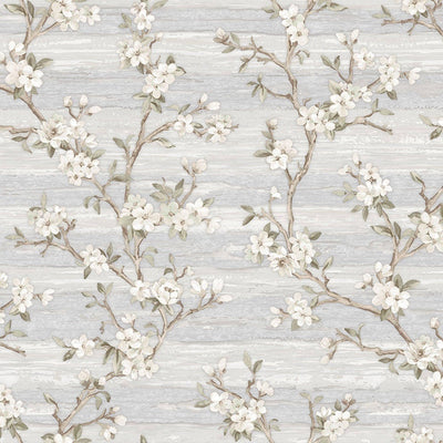 Stylish Floral Wallpaper, White, Silver Embossed Flocked Botanical Blossom Pattern, Bloom Design, Trendy Wall Accent Decoration - Walloro High End Wallcoverings & More