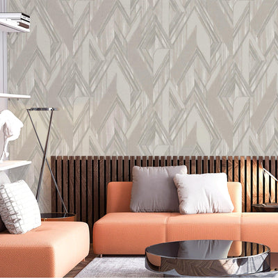 Stylish Herringbone Geometric Wallpaper, Gray, Silver Embossed Large Zigzag Pattern Wallcovering Wall Accent - Walloro High End Wallcoverings & More