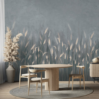 Swaying Wheat Field Wall Mural, Gray Blue Windy Wheat Wallpaper, Large Nature Custom Size Wall Covering, Non-Woven, Non-Pasted, Removable, Washable - Walloro High End Wallcoverings & More