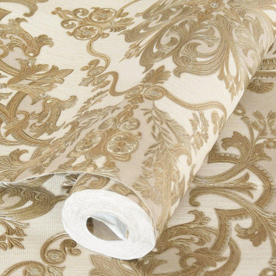 Timeless Design 3D Embossed Damask Wallpaper, Gold, Cream Luxury Velvet Feeling Wallcovering, Large 114 sq ft Roll - Walloro High End Wallcoverings & More