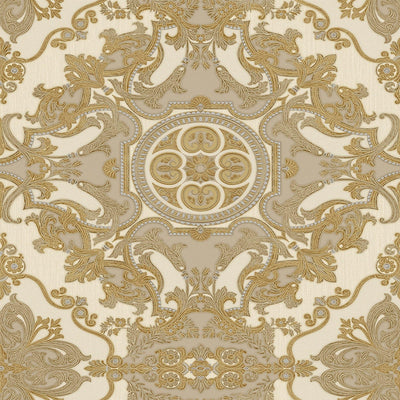 Timeless Design 3D Embossed Damask Wallpaper, Gold, Cream Luxury Velvet Feeling Wallcovering, Large 114 sq ft Roll - Walloro High End Wallcoverings & More