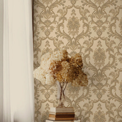 Timeless Ornate Embossed Wallpaper, Beige, Fabric Like, Rich 3D Textured Flocked Luxury Wallcovering Design, Non-Woven - Walloro High End Wallcoverings & More