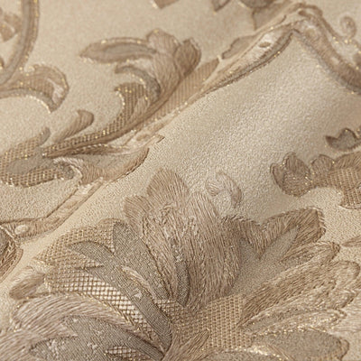 Timeless Ornate Embossed Wallpaper, Beige, Fabric Like, Rich 3D Textured Flocked Luxury Wallcovering Design, Non-Woven - Walloro High End Wallcoverings & More