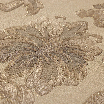 Timeless Ornate Embossed Wallpaper, Beige, Fabric Like, Rich 3D Textured Flocked Luxury Wallcovering Design, Non-Woven - Walloro High End Wallcoverings & More