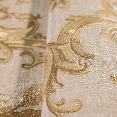 Timeless Velvet Feel Damask Embossed Wallpaper, Gold 3D Textured, Flocked, Washable, Luxury Wall Decoration - Walloro High End Wallcoverings & More