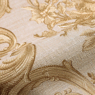 Timeless Velvet Feel Damask Embossed Wallpaper, Gold 3D Textured, Flocked, Washable, Luxury Wall Decoration - Walloro High End Wallcoverings & More