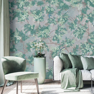 Tree Leaves Wall Mural, Birds Chinoiserie Wallpaper, Green Oversized Botanical Custom Size Wall Paper, Non-Woven, Modern Wall Art, Non-Pasted, Removable - Walloro High End Wallcoverings & More