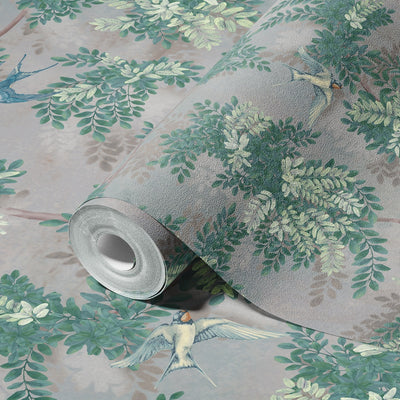 Tree Leaves Wall Mural, Birds Chinoiserie Wallpaper, Green Oversized Botanical Custom Size Wall Paper, Non-Woven, Modern Wall Art, Non-Pasted, Removable - Walloro High End Wallcoverings & More