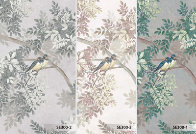 Tree Leaves Wall Mural, Birds Chinoiserie Wallpaper, Green Oversized Botanical Custom Size Wall Paper, Non-Woven, Modern Wall Art, Non-Pasted, Removable - Walloro High End Wallcoverings & More