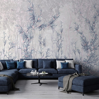 Tree Wall Mural, Blue Flowers Blossom Wallpaper, Extra Large Oversized Stylish Custom Size Wall Covering, Non-Woven, Non-Adhesive, Modern - Walloro High End Wallcoverings & More