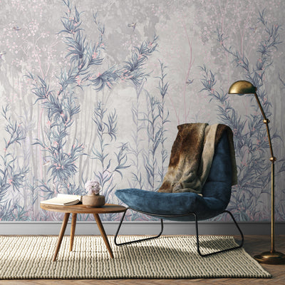 Tree Wall Mural, Blue Flowers Blossom Wallpaper, Extra Large Oversized Stylish Custom Size Wall Covering, Non-Woven, Non-Adhesive, Modern - Walloro High End Wallcoverings & More