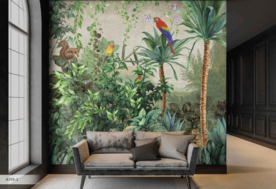 Tropical Wall Mural, Nature Palm Tree Red Parrot Wallpaper, Jungle Forest Theme, Non-Woven, Non-Adhesive, Removable, Exotic Wall Print Art, Interior Decor - Walloro High End Wallcoverings & More