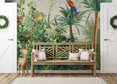 Tropical Wall Mural, Nature Palm Tree Red Parrot Wallpaper, Jungle Forest Theme, Non-Woven, Non-Adhesive, Removable, Exotic Wall Print Art, Interior Decor - Walloro High End Wallcoverings & More