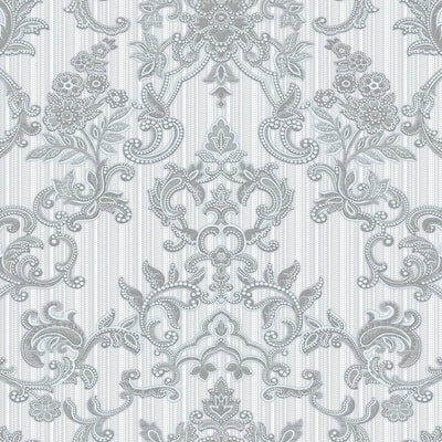 Victorian Damask Striped Wallpaper, Silver, White Rich Textured Embossed Wall Paper, Extra Wide 114 sq ft Roll, Wall Covering, Washable - Walloro High End Wallcoverings & More