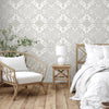 Elegant White Silver Damask Wallpaper, Rich Textured Embossed Wallpaper, Extra Wide 114 sq ft Roll, Shiny Wall Paper, Washable Wall Covering - Walloro Luxury 3D Embossed Textured Wallpaper 