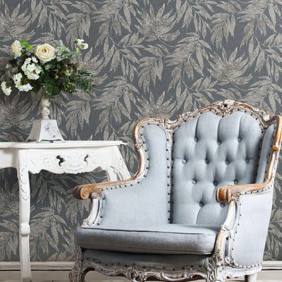 Washed Blue Leaf Wallpaper, Textured Faded Tree Leaves Wallcovering, Non-Pasted - Walloro High End Wallcoverings & More