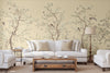 Yellow Chinoiserie Floral Wall Mural, Birds Tree Flowers Wallpaper, Custom Size Wall Covering, Non-Woven, Non-Adhesive, Removable, Washable - Walloro High End Wallcoverings & More